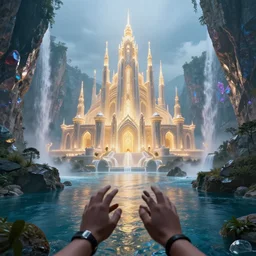first person perspective establishing shot of a shining palace surrounded by rivers, waterfalls, and gemstone cliffs by beeple and Roger Dean:1|fantasy, horizontal symmetry, cinematic, architectural design by Zaha Hadid:0.9|Unreal Engine, Octane, finalRender, devfiantArt, artstation, artstation HQ, behance, HD, 16k resolution:0.8