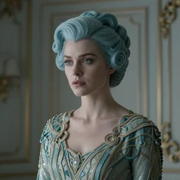 cinestill 5 0 d photography of a dystopian beautiful woma britt marling style, style her hair in a art deco toilette room in a dystopian house, pale blu tonal matt hair in baroque style, dress are intricate ornamental dress, elegant, highly detailed, soft blur, artstation, sharp focus, head in focus,