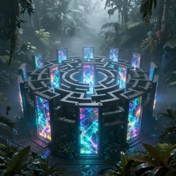 Maze of iridescent electromagnetic doors misty mysterious jungle environment sense of awe epic wide shot, artstation, sharp focus, smooth, establishing shot, volumetric light, photorealism, cinematic, dramatic, ominous, fine details 8k octane rendering