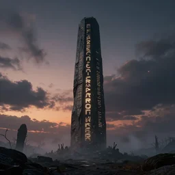 A hyper realistic matte painting of a massive glowing alien black monolith with glowing engraved inscriptions in an ominous sky over an eerie wilderness at twilight by Christophe Vacher and Gregory Crewdson. Subject in view, golden ratio composition, moody volumetric lighting, very wide shot, f11:10,ground mist, trending on artstation and cgsociety