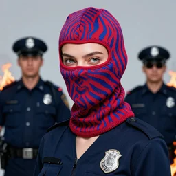 balaclava high fashion model, red and blue zebra pattern, psychedelic color theme, beautiful hyperrealisitic portrait of burning police officer, tristan eaton, victo ngai, artgerm, rhads, ross draws