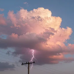 low angle, pink golden clouds, blue sky, golden hour, telephone lines, thunder storm, detailed, photograph, award wining, trending on artstation, 4k, unreal engine 5, octane render, neon highlights