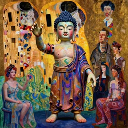 the world's richest man is an evil ventriloquist dummy, psychedelic, buddha! pulling the strings, patterned skin, trending on artstation, photorealism, vibrant colors, digital art, in the style of harumi hironaka, gustav klimt, egon schiele, coby whitmore, david bates, monet, lisa frank, picasso, octane render.
