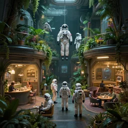 people in space uniforms hanging out in a spaceship with lush gardens, coffee shops and living quarters, cyberpunk, moody, luminescent, rule of thirds, golden ratio, ambient lighting, syd mead, greg rutkowski, wlop, artgerm, artstation, highly detailed masterpiece