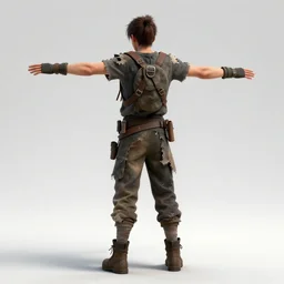 male teen wearing tattered post apocalypse outfit and a small ponytail with his arms opened, back to the viewer, full body shot, 3 d render, 8 k, isolated, ya fantasy