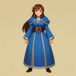 a female blue mage with brown hair and blue robe, Hearthstone official splash art, smallest waist, widest hips, full body, small head, SFW, SFW