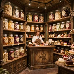 Inside an old magical sweet shop, large jars on shelves, beautiful labels, fantasy vendor interior, wide angle, cinematic, highly detailed, rich bright colors, trending on artstation, trending on cgsociety