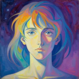 limitless eternal uncreated void, an asymmetrical colorful ombre. high key, anaglyph lighting, detailed character design, melancholic complex flat geometric minimalism by oskar schlemmer, moebius, nagel, john berkey, oil on canvas, portrait facial head, featured on artstation, hd wallpaper, anime art nouveau cosmic display