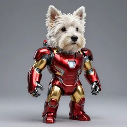 “a strong, and muscular anthropomorphic west-highland-white-terrier wearing iron man body armor, full body photo, UHD, hyperrealistic render, 4k, cyberpunk”