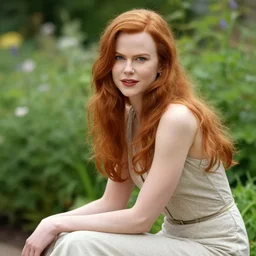 beautiful redhead woman, nicole kidman, long hair, beautiful dress, 1930, out of focus, sitting in green garden