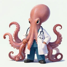 an octopus dressed as a doctor and physician, an octopus that looks like a medical professional, an octopus wearing human clothing, photograph, stylized, photorealistic, digital painting, masterpiece, 4k wallpaper, cartoon illustration