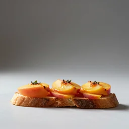 food photography of nectarine bruschetta, rule of thirds with golden ratio, minimalistic side view high bokeh, cinematic studio lighting