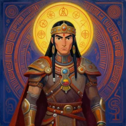 portrait of a future tech shaman warrior by Mandy Jurgens, cartoon, oil painting, visionary art, symmetric, Magick symbols, holy halo, shipibo patterns