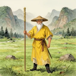a chinese battle monk, wearing a faded yellow toga, a straw hat, holding a wooden long staff that is perpendicular to the floor, long white beard, beautiful valley with a meadow and dozens of mountains, lots of shading, full body shot, drawn in the style of joao ruas