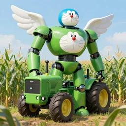 green agricultural transformers with doraemon face and wings in the corn field, the upper body of bodybuilder, taller than human, droid, robots, humanoid, farming, highly detailed, digital painting, agricultural tractor, artstation, concept art, smooth, sharp focus, illustration, art by artgerm and greg rutkowski, unreal engine