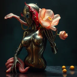 strange curvy seductive futuristic robot body, enticing colorful oil painting dutch golden age vanitas gorgeous mutant flower still life sparse composition with bulbous tumor objects strange gooey transparent surfaces shiny metal reflections bizarre mutant meat insects rachel ruysch dali todd schorr very detailed perfect composition rule of thirds masterpiece canon 5 0 mm, cinematic lighting, photography, retro, film, kodachrome