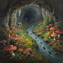 painting of a colorful fungus garden in a cave, birds eye view, dark, foggy, cavern, shy beetles, river running through it