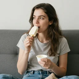 woman eating an ice - cream on a sofa