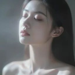 photorealistic portrait of a beautiful young woman, very blurry, out of focus, translucent stone white skin, closed eyes, foggy, closeup, ( ( ( ( thin neck ) ) ) )