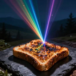 burnt toast being cooked by a rainbow laser beam