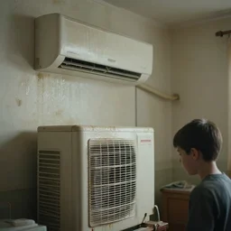dirty air - conditioning machine in the bedroom of a young teenager the wet walls crumbling, blurred, faded, depth of field, ultra realistic, very detailed, by david lynch and nadav kander, 8 k hyper realistic detailed cinematic still