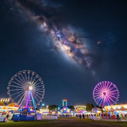 state fair at night, galaxy visible in the sky