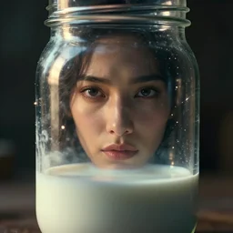 cinematic shot jar full of milk, mood lighting, fantasy, detailed face, highly detailed, super realistic, perfect lighting