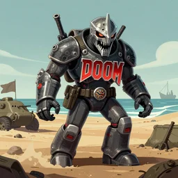 Classic DOOM Cyberdemon on Omaha beach, WW2, hyperdetailed, cartoon network, 8k