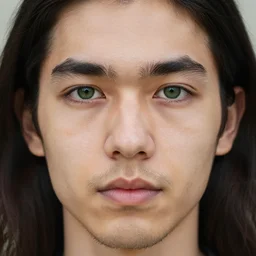young man, long hair, short facial hair, no mustache, dark green eyes, dark eyebrows, light widows peak light facial hair, canon eos r 3, f / 1. 4, iso 2 0 0, 1 / 1 6 0 s, 8 k, raw, unedited, symmetrical balance, in - frame