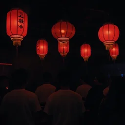 night club, five red chinese lanterns, people's silhouettes close up, wearing white t - shirts that glow in the dark, minimalism, dark
