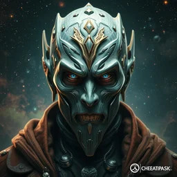 a fighter hacker's face of worldly experience, tough guy look, wearing an alien civilization royal garb, cosmic background, cyberpunk, art by greg rutowski, rococo, artstation, johan grenier, alyssa monks, national geographic photography