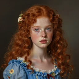 a digital matte painting whimsical of an young beautiful face girl, with curly red hair, freckles, blue frilly dress and flowers whimsical, by magali villeneuve