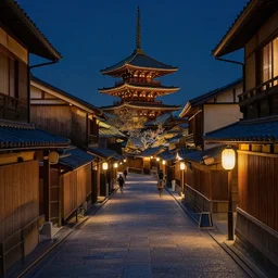 Medieval Kyoto street at night landscape, 8K, trending on artstation, golden ratio, high key, ultra detailed, by Jean Giraud