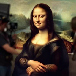 jim carrey dressed up as the mona lisa on a film set, photograph