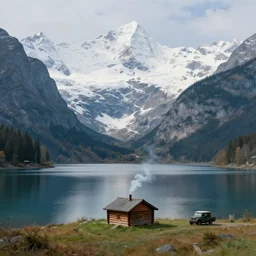a beautiful mountain lake surrounded by snowcapped mountains a single tiny log cabbin with smoke coming from the chimney and an single old truck by anders zorn and James Gurney and Greg Rutkowski, landscape, scenery, trending on artstation
