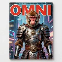 1979 OMNI Magazine Cover of vervet monkey Paladin in Mongolian armor. window showing neo-Tokyo streets behind her. in cyberpunk style by Vincent Di Fate