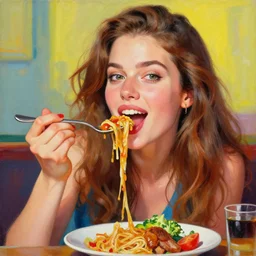 amazing beautiful detailed painting of a beautiful woman enjoying a delicious mean. vibrant in colors, very funny, personal, positive, visually pleasing and engaging. high resolution. high quality. hq hd.