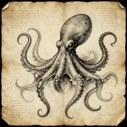 necronomicon sketch of an ancient octopus monster, faded parchment, descriptions, aged, highly detailed, 8 k,