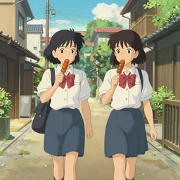two girls walking down a japanese street while eating dango, wearing school girl uniforms, digital, artstation, studio ghibli