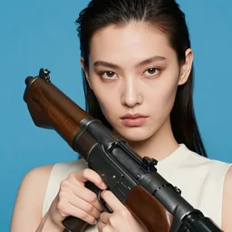 extremely detailed studio closeup portrait of a fashion model holding a bazooka. surreal photograph, lo - fi, polished look, solid background, silly and serious, hermes ad, fashion photography, toiletpaper magazine by pierpaolo ferrari and maurizio cattelan, 3 5 mm photograph, colourful, david lachapelle, canon eos c 3 0 0, 8 k, medium - format print