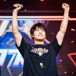 Close up photograph of a the winner celebrating on stage at a video game tournament, moment of victory as confetti flies through the air
