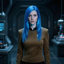 in _ the _ style _ of _ star _ trek _ charlie _ bowater _ _ _ pale _ woman _ young _ hologram _ blue _ hair _ _ _ dark _ futuristic _ lab _