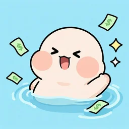 Gaturro, big Inflated cheeks, swimming in money, cartoon, talking nonsense
