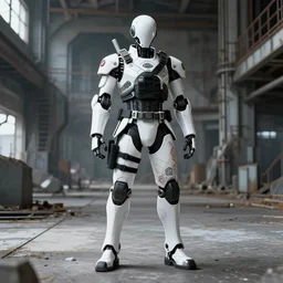 cyborg with white and black ancestral ornate japanese tactical gear standing in an abandoned futuristic factory, long shot, by irving penn and storm thorgerson, ren heng, peter elson, alvar aalto, makoto shinkai, toei production