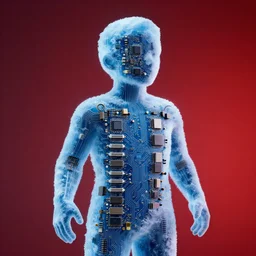 person made out of frozen motherboards, blue ice, circuitry exposed, red gradient backdrop, high detail, award winning, 4 k