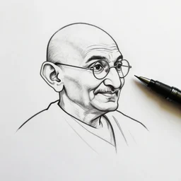 continuous single line contour - drawing of ghandi, pen on white paper
