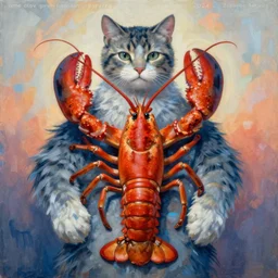 painting of cross between cat & lobster, intercrossed animal, by arne olav gurvin fredriksen, by tiffany bozic, by zdzislaw beksinski, logical anatomy, cold hue's, warm tone gradient background, concept art, beautiful composition, digital painting,