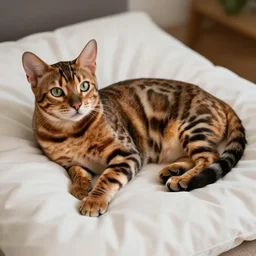 of a beautiful bengal cat laying on my pillow, photoreal, artstation