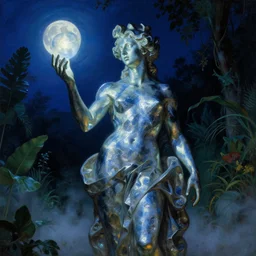 a baroque neoclassicist portrait of an abstract sculpture holding dimly glowing orbs in a blue moonlit botanical courtyard at night. reflective textures. glowing fog. highly detailed fantasy science fiction painting by moebius, norman rockwell, frank frazetta, and syd mead. rich colors, high contrast, gloomy atmosphere, dark background. artstation