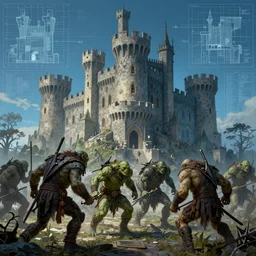 group of orcs storming a castle, in the style of Greg Broadmore and Arthur Rackham and Moebius, trending on artstation, light lighting side view,digital art,surrealism ,macro,blueprint ,vaporwave ,